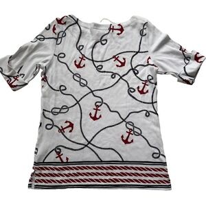 Karen Scott Nautical Anchor Print Top White Red Black Boat Neck